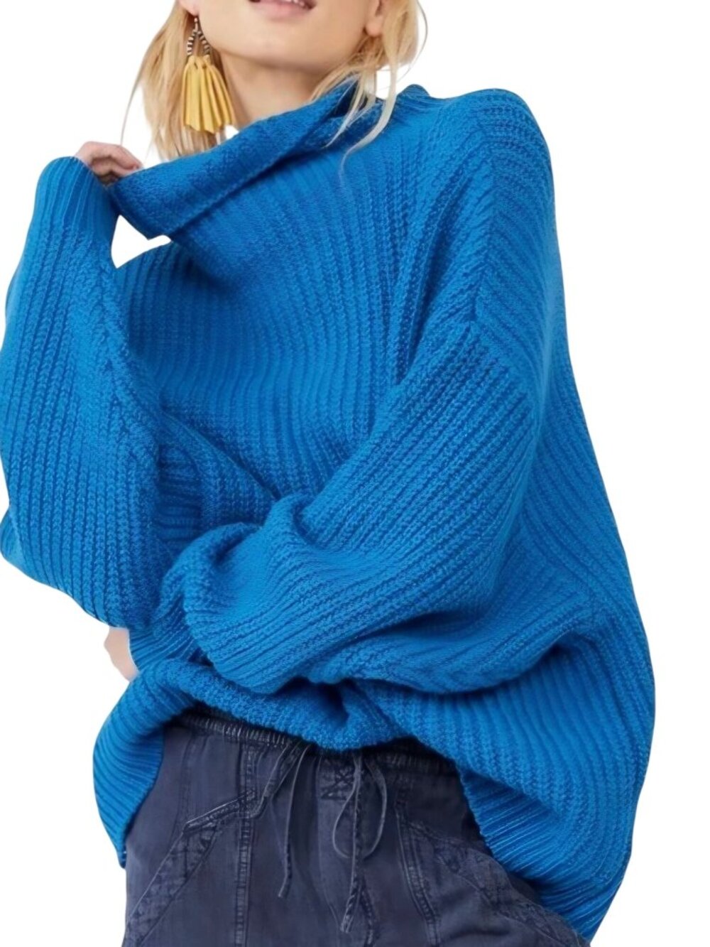 Free People NWT Swim Too Deep Turtleneck Sweater Mikonos Blue Oversized Size M